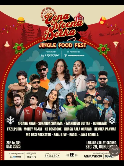 The poster for the Eena Meena Deeka Jingle Food Fest, a four-day carnival in Gurugram with a massive Punjabi artist lineup.