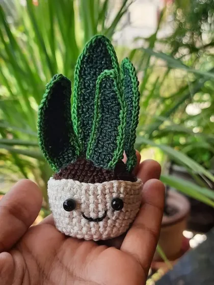 This happy snake plant amigurumi is one of my custom designs. I love its cheerful smile and the detailed striping on the leaves.