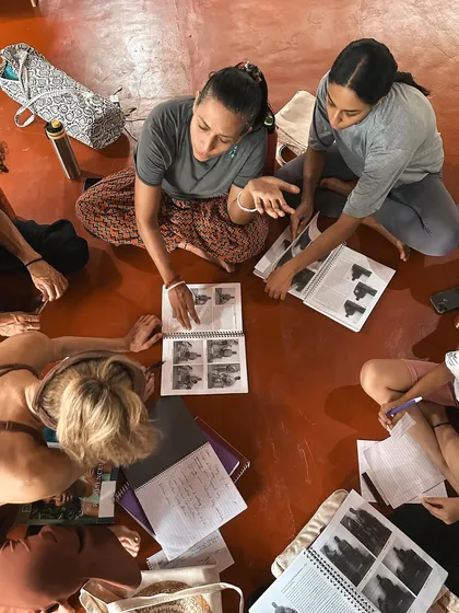 Students gather to study anatomy and asana from classic yoga texts. This theoretical knowledge is the foundation for the practical, hands-on therapeutic work we do in the ashram.