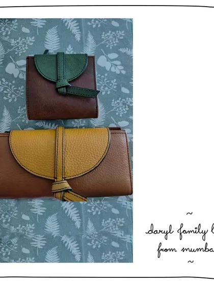 The Daryl family of wallets, shared by our patron Amrtha from Mumbai. She has the Daryl wallet in Fawn Mango and the Little Daryl in Leaf Caramel, showcasing how we can play with color combinations.