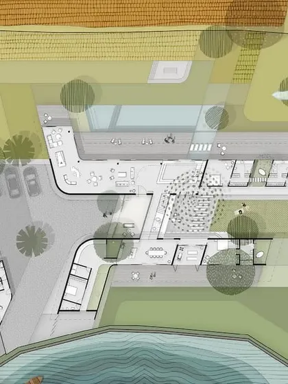 This illustrated plan for an Alibaug home is presented as a painting, capturing the relationship between the architecture, the surrounding fields, and the nearby pond. It communicates not just the layout, but the life and atmosphere of the project.