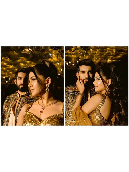 A diptych capturing their regal connection. The warm, golden tones of their outfits and the soft light create a feeling of royal romance.