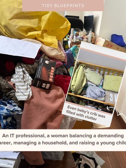The "before" shot shows how clutter can take over every surface, even a baby's crib. This is the reality for many busy professionals before we step in to help.