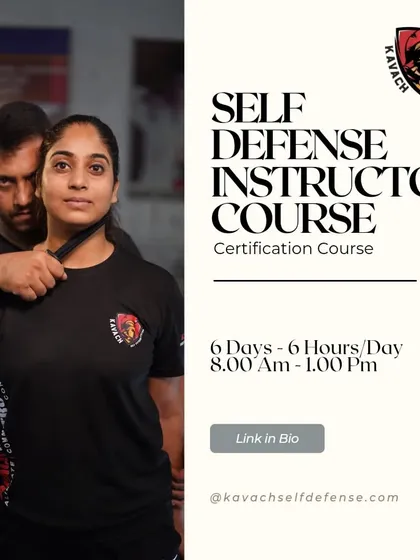 A powerful image showing a female instructor demonstrating a knife-to-throat defense, a key part of our instructor certification course.