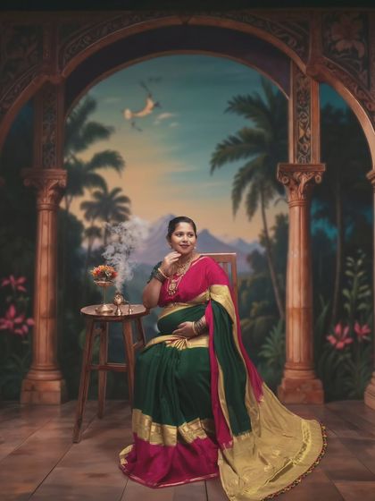 Empowered, elegant, and expectant. Inspired by Raja Ravi Varma, this traditional Indian setting exudes warmth, beauty, and strength.