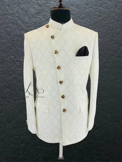 A classic white Jodhpuri Bandhgala can never go wrong. This piece is perfect for a formal event, offering a look that is both regal and clean.