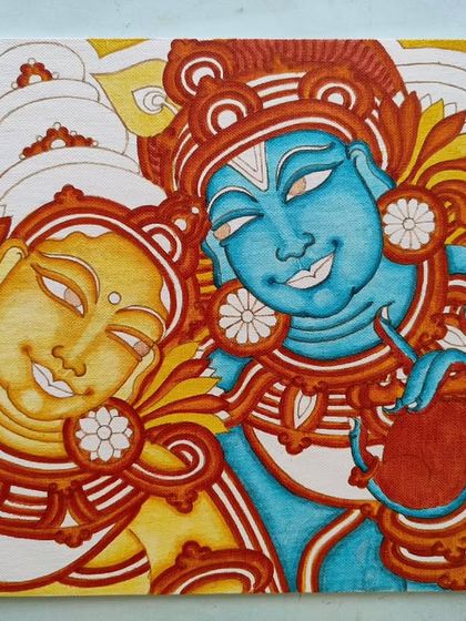 A close-up of the Radha Krishna mural, showing the vibrant colors and expressions. This piece was a custom gift, and I worked quickly to ensure it was ready for the special occasion, capturing their eternal love on canvas.