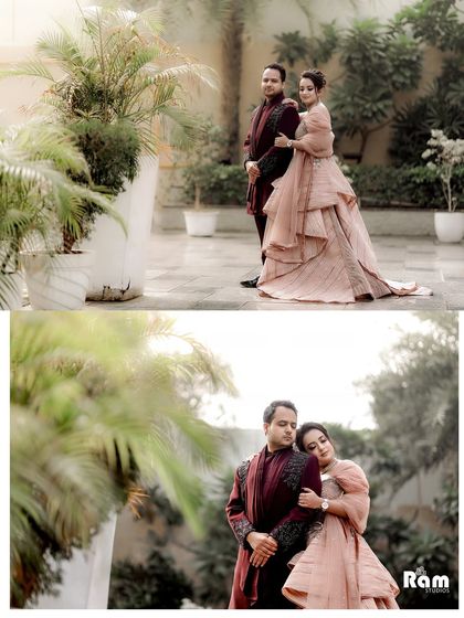 This layout combines a formal couple portrait with a more intimate, candid embrace. It shows the different facets of their relationship against a lush, green backdrop.