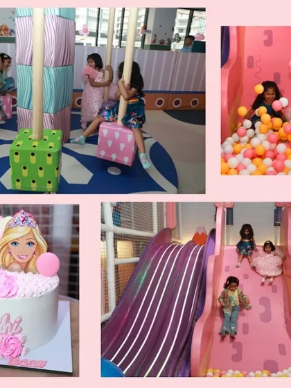 A collage from a Barbie-themed party, showing the cake, kids playing on the slides, and having fun in the ball pit.