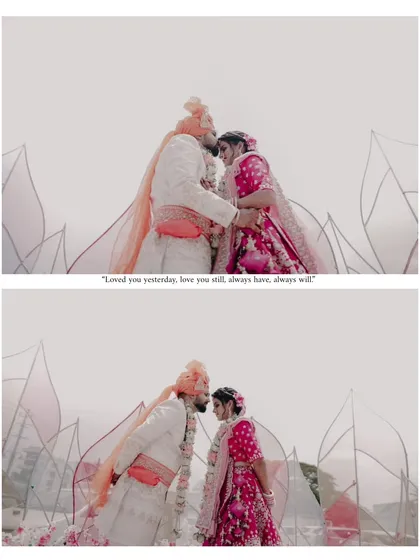 A diptych of the couple sharing a kiss on the forehead against a modern, artistic lotus-petal backdrop.