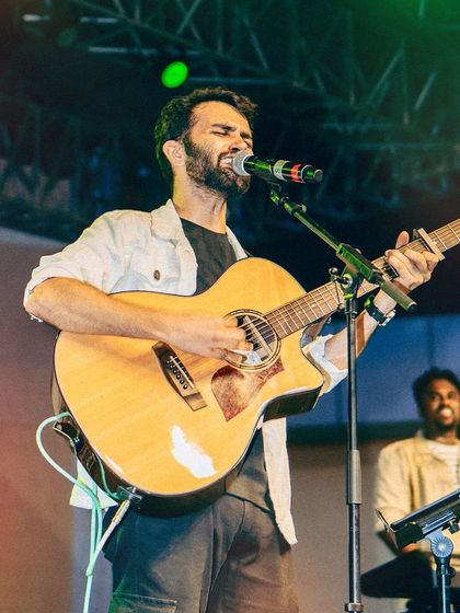 A great shot of me and the band on stage. You can see the keyboardist in the background, a key part of the Praveen Bhat Collective's full sound.