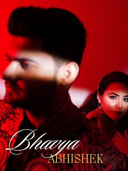 A bold and modern graphic featuring a double exposure portrait with dramatic red lighting, perfect for a stylish pre-wedding or engagement announcement.