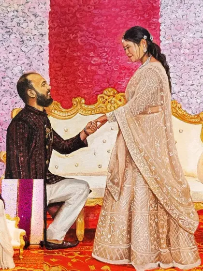 This shows how a candid proposal shot can be transformed into a grand, romantic oil painting. I can adjust the composition and background to create the perfect scene.