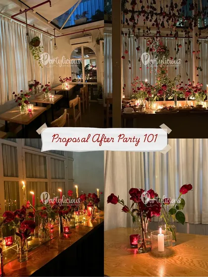 Proposal After Party 101. A collage showing a romantic and intimate setup with red roses and candlelight, perfect for celebrating a 'yes'.