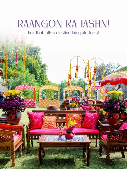 Your wedding should reflect your personality. For this couple, we designed a "Raangon ka Jashn," a vibrant carnival of colors with bespoke Rajasthani decor, folk elements, and a festive atmosphere that was pure, unadulterated fun.