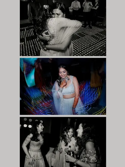 A collage of candid dance floor moments, from emotional hugs to friends laughing and dancing together, captured with creative light trails.