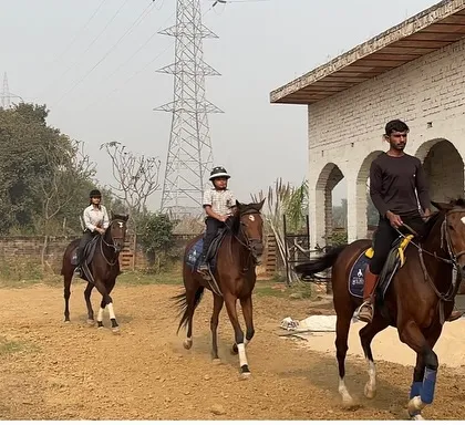 Our boarders have full access to safe riding grounds. Here, a certified trainer leads a session in our sandy practice area, helping riders build skill and confidence.