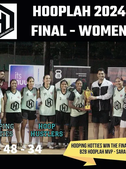 The Hooping Hotties celebrating their victory in the Hooplah '24 Women's Final, led by their MVP, Saraswati.
