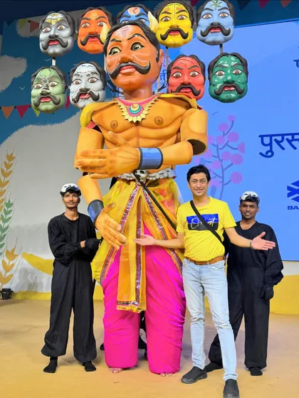 Posing with the full Ravan puppet and my team of puppeteers. Seeing our creation become part of a live performance in front of 7,000 people at Balewadi stadium was an unforgettable experience.