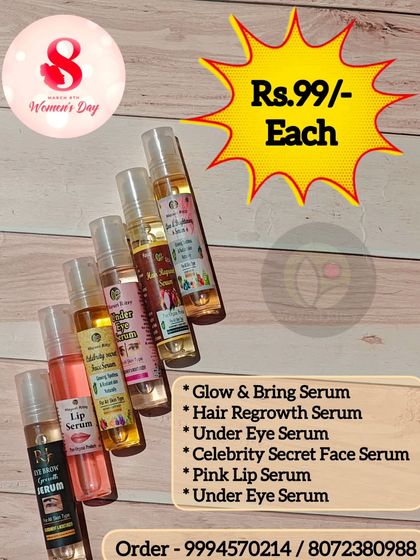 I offer a range of serums to target specific needs. This includes the Glow & Bright Serum, Hair Regrowth Serum, Under Eye Serum, and of course, the Celebrity Secret Face Serum. Each one is carefully formulated and priced at just Rs. 99.