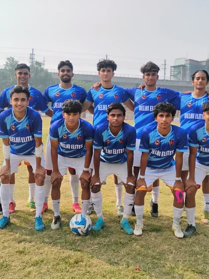 Our U-19 team posing for a pre-match photo in their blue kits during the HCL Youth League.