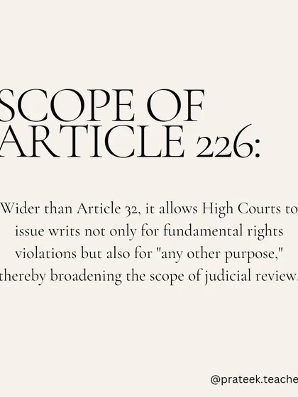 Article 226 gives High Courts a wider scope than Article 32, allowing them to issue writs not just for fundamental rights but for "any other purpose."