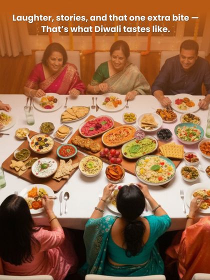 Laughter, stories, and that one extra bite. That’s what a celebration tastes like. Here's a beautiful Diwali gathering enjoying a diverse spread of my homemade dishes.