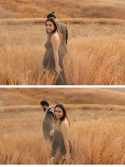 A creative diptych with a "follow me" theme, showing the bride leading her partner through a beautiful golden field.