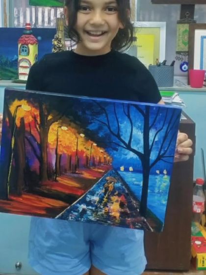 A striking painting that shows the contrast between day and night. This piece is a great example of how we play with light, shadow, and colour theory.