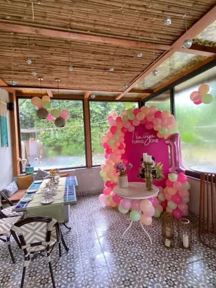 A wider view of the panda-themed setup, showing the full decorated corner and table setting.