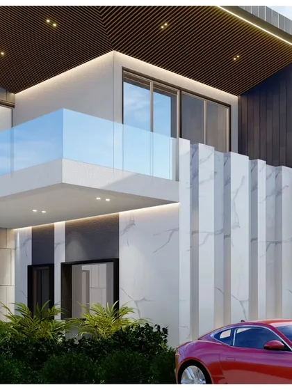 A render of a grand villa exterior, where I used clean lines, a marble-clad facade, and integrated lighting to achieve a look of minimalist elegance.