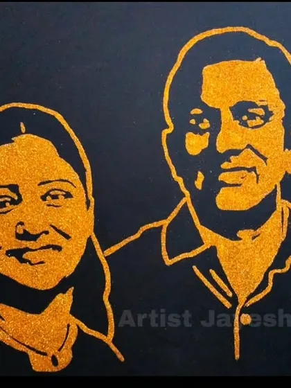 A close-up of the final glitter artwork for a 25th wedding anniversary. The goal is to capture the couple's likeness and create a beautiful, sparkling keepsake they can treasure as a memory of their milestone celebration.