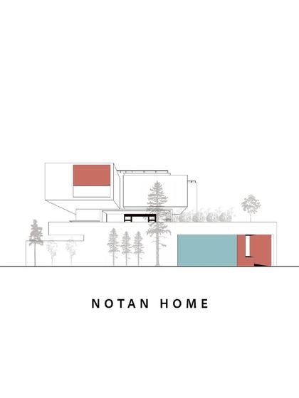 An elevation illustration of the Notan Home. This stylized drawing emphasizes the project's key architectural elements and its bold, graphic composition of colored and white blocks.