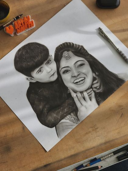 The finished mother and son portrait, drawn with graphite and charcoal on A3 size paper. This piece took 27 hours to complete, focusing on their close bond and happy expressions.