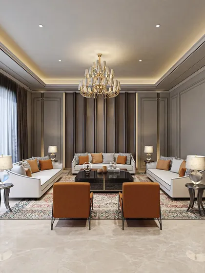 A full view of a formal living room concept, where modern sofas are arranged symmetrically. The design is anchored by a large rug and an ornate chandelier, overlooking the garden.