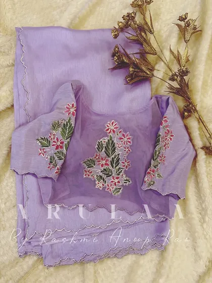 The full view of the custom lavender saree and blouse set. It's a perfect example of how we can create a complete, coordinated look from scratch.