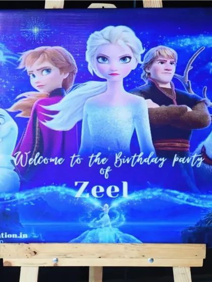 A custom Frozen-themed welcome banner for Zeel's 10th birthday party.