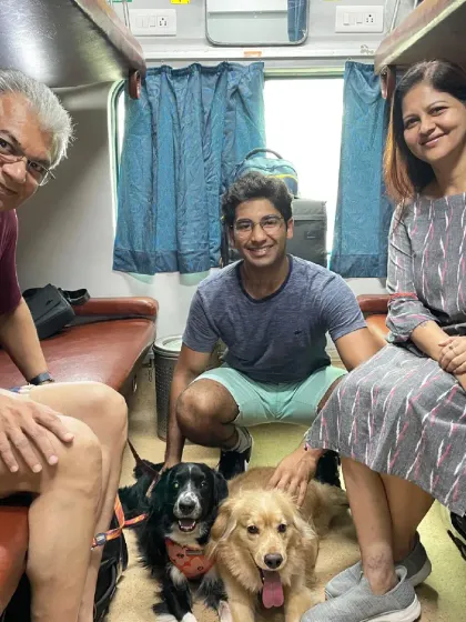 Relocating within India? I also arrange safe and comfortable pet travel by train. Here's a happy family with Gucci and Stocking in their own coupe on a journey from Howrah to Bengaluru, proving that no matter the distance, your family can always travel together.