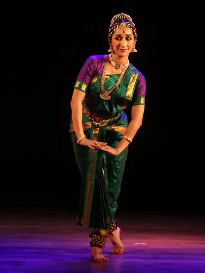 A graceful, poised stance. The rich green and purple silk costume was chosen specifically for this performance, adding to the visual poetry of the evening.