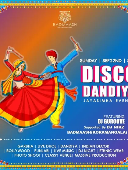 A poster for a Disco Dandiya event, showcasing the key elements I bring: Garba, live dhol, Bollywood music, and a massive production for a full festive experience.