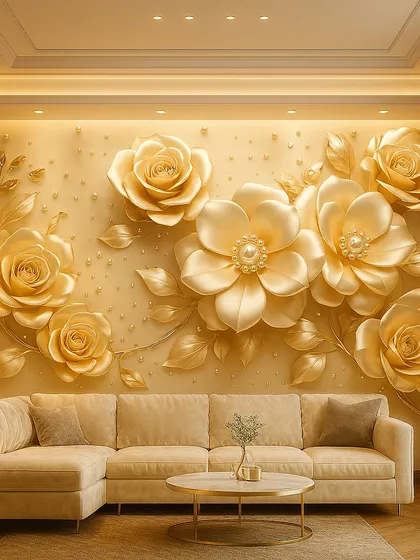 A completely golden 3D floral wallpaper that exudes opulence. The embossed roses and pearl details make this a truly luxurious and statement-making choice.