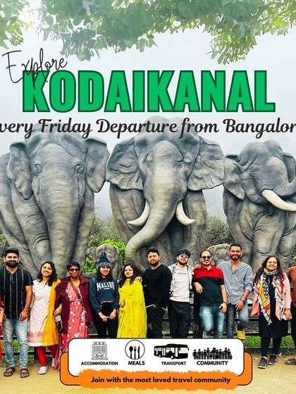 A promotional image for our Kodaikanal trips, featuring a group photo with the iconic elephant rock carvings.