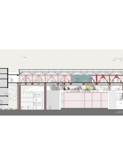 A longitudinal section of "Hoverspace" shows the full extent of the floating office space, the supporting columns, and the circulation core.