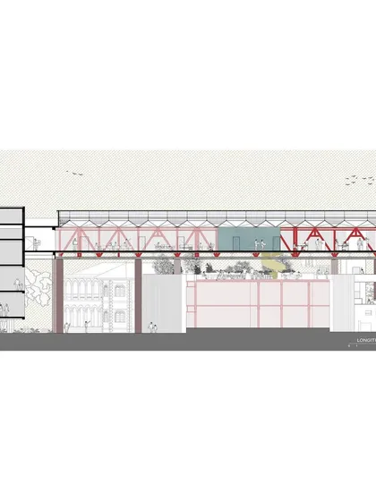 A longitudinal section of "Hoverspace" shows the full extent of the floating office space, the supporting columns, and the circulation core.