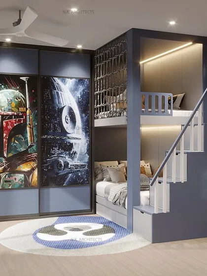 Transform your little one’s space into a superhero haven. This blue-themed room is perfect for adventure, featuring Star Wars posters on the wardrobe, a custom bunk bed, and a dedicated study area.