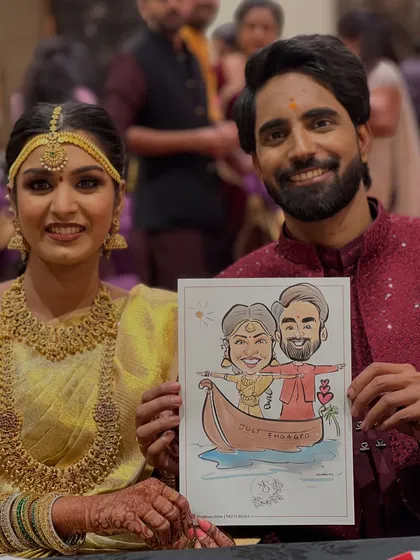 A beautiful moment from a South Indian engagement. I created this special caricature for the couple, showing them in a boat to celebrate their journey together. It's an honor to add a personal, artistic touch to such an important day.