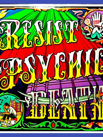 The finished "Resist Psychic Death" painting, bursting with color and symbolic imagery.