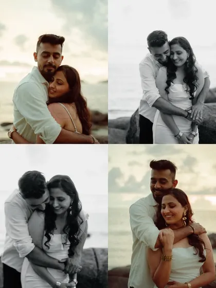 A collage of black and white and color portraits from a Goa beach shoot. The focus is on the couple's tender embraces and happy expressions.