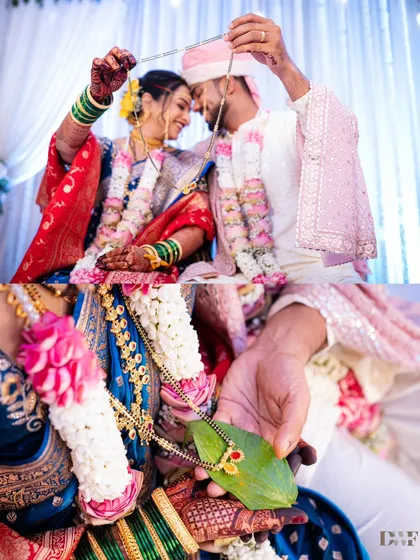 A collage capturing the sacred Mangalsutra ritual in a Marathi wedding. The close-up shot of the mangalsutra on a leaf is a beautiful detail.