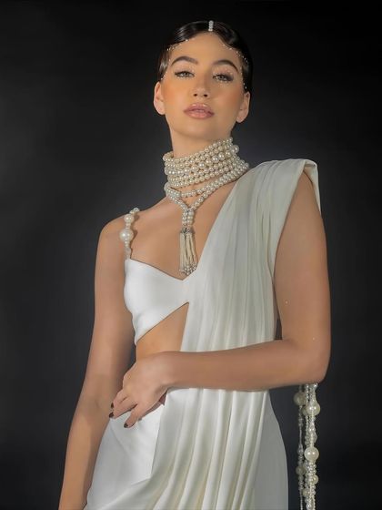 A close-up portrait from the Nikhil Thampi shoot, showcasing the beauty look and the detailed pearl choker.